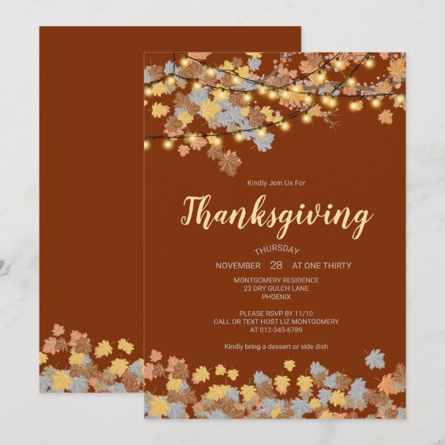 Thanksgiving Dinner Autumn Leaves Vintage Lights Invitation (Front/Back)