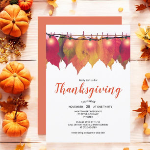 Thanksgiving Dinner Autumn Leaves Vintage Lights Invitation