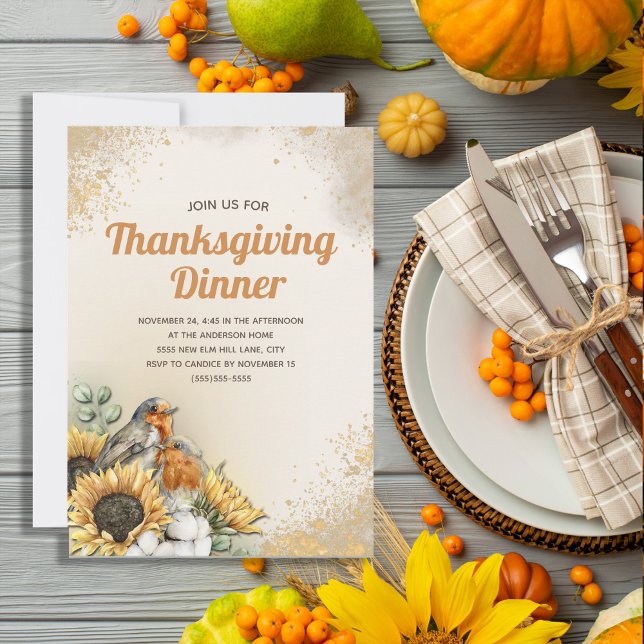 Thanksgiving Dinner Birds Sunflowers Fall Autumn  Invitation (Sunflower and bird Thanksgiving Dinner invitation)