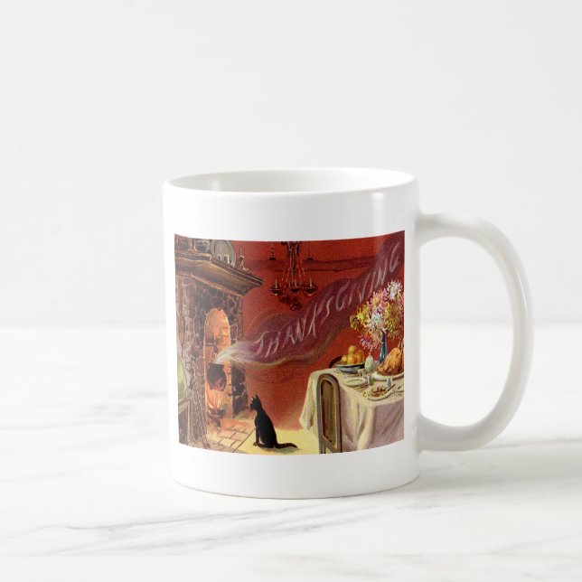 Thanksgiving Dinner Black Cat Fireplace Turkey Coffee Mug (Right)