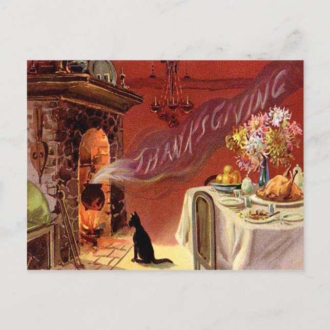 Thanksgiving Dinner Black Cat Fireplace Turkey Holiday Postcard (Front)