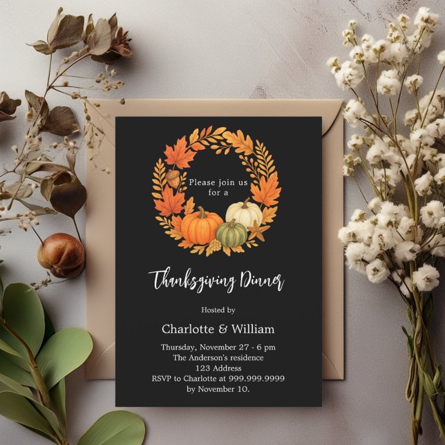 Thanksgiving dinner black orange pumpkin invitation (Creator Uploaded)