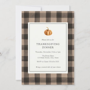 Thanksgiving Dinner Brown Buffalo Plaid Invitation