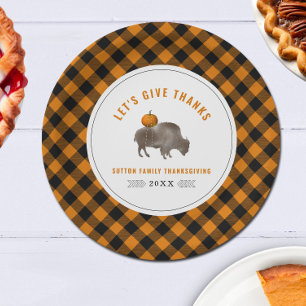 Thanksgiving Dinner Buffalo Bison Pumpkin Plaid Paper Plate