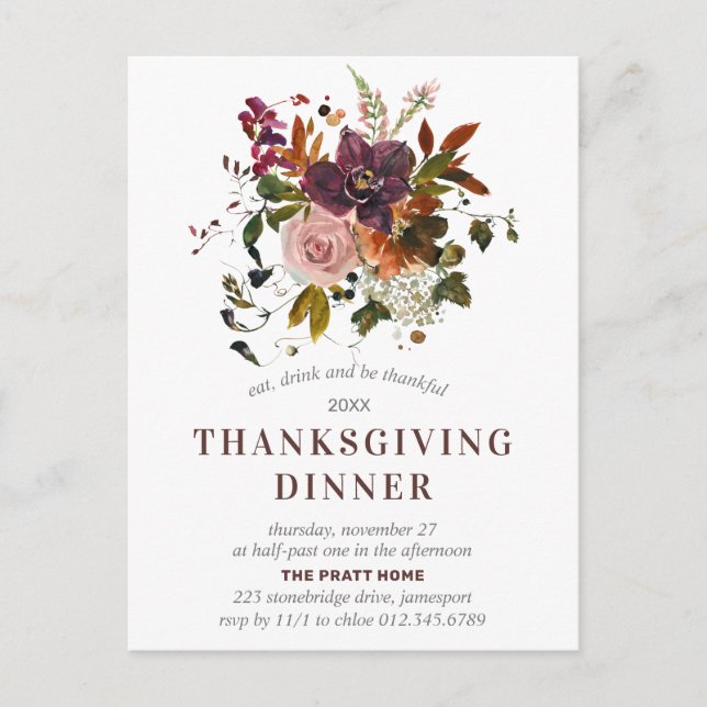 Thanksgiving Dinner Burgundy Red Floral Invitation Postcard (Front)
