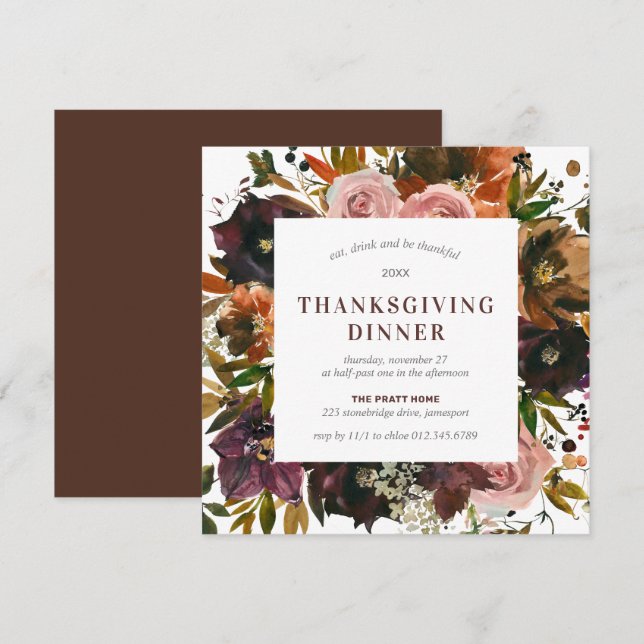 Thanksgiving Dinner Burgundy Red Floral Square Invitation (Front/Back)