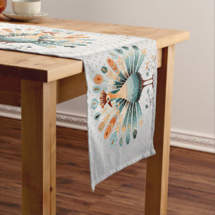 Thanksgiving Dinner Colourful Turkey Golden Stars Short Table Runner