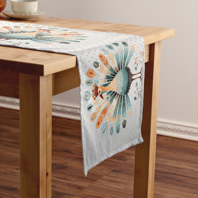 Thanksgiving Dinner Colourful Turkey Golden Stars Short Table Runner (In Situ)