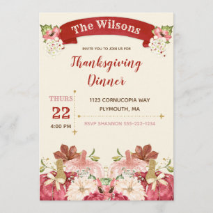 Thanksgiving Dinner Cranberry Ivory Gold Invitation