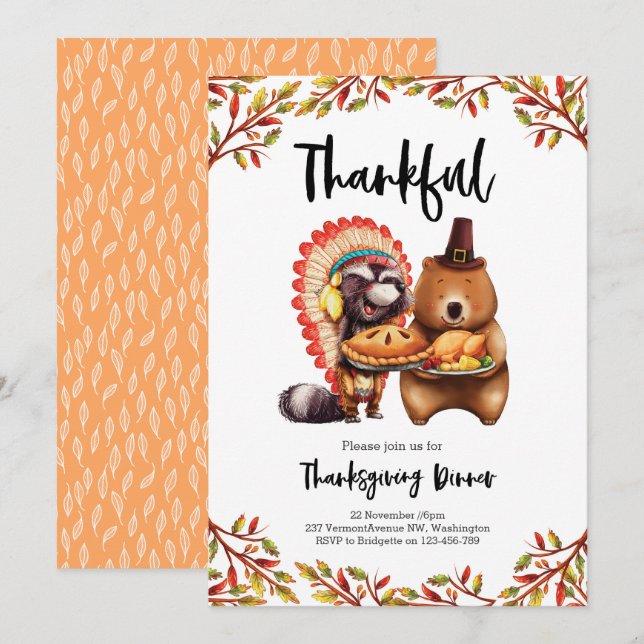 Thanksgiving dinner cute animals Invitation (Front/Back)