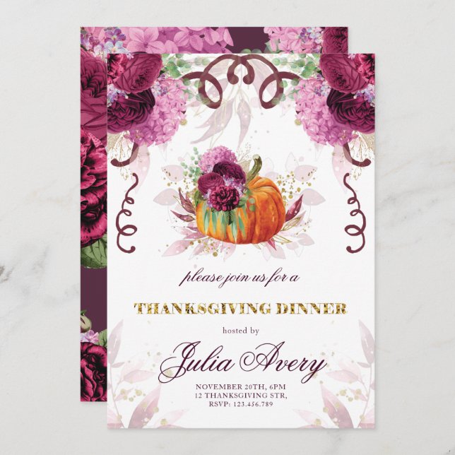 Thanksgiving Dinner Elegant Autumn Burgundy Invitation (Front/Back)