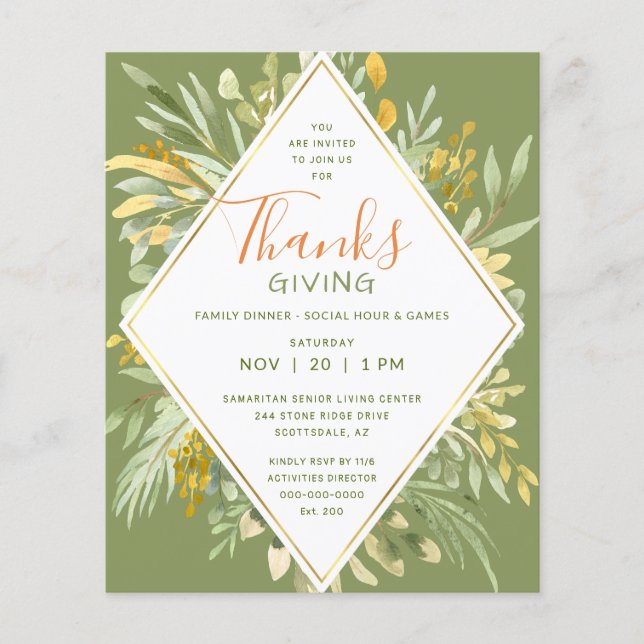 Thanksgiving Dinner Elegant Gold Leaves Greenery  Flyer (Front)
