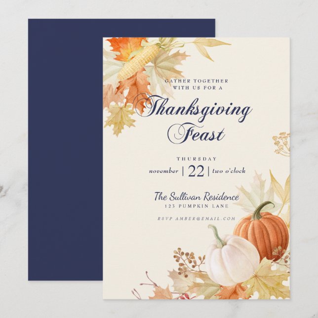 Thanksgiving Dinner Feast Floral Pumpkin Navy Blue Invitation (Front/Back)