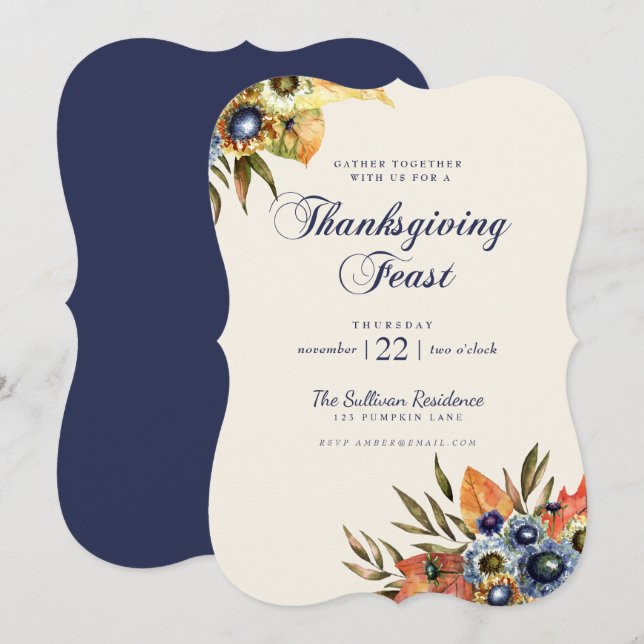 Thanksgiving Dinner Feast Invitation Floral Navy (Front/Back)