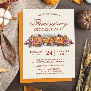 Thanksgiving Dinner Feast with Turkey Pumpkin Invitation