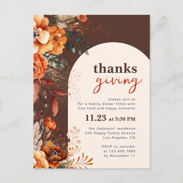 Thanksgiving dinner floral white arch invitation  postcard (Front)