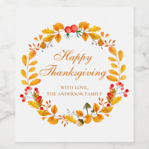 Thanksgiving dinner. Friendsgiving fall wreath Wine Label