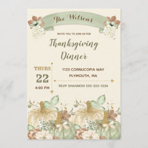 Thanksgiving Dinner Green Ivory Brown Gold Invitation
