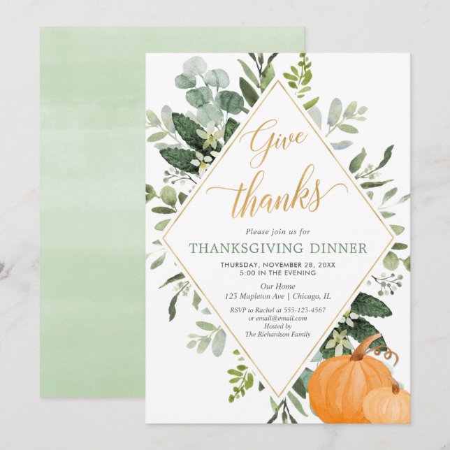 Thanksgiving Dinner greenery green leaves gold Invitation (Front/Back)
