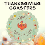 Thanksgiving Dinner Happy Turkey Day Leaves  Square Paper Coaster<br><div class="desc">This design features the phrase Happy Turkey Day with a cute turkey and some leaves all around it.</div>