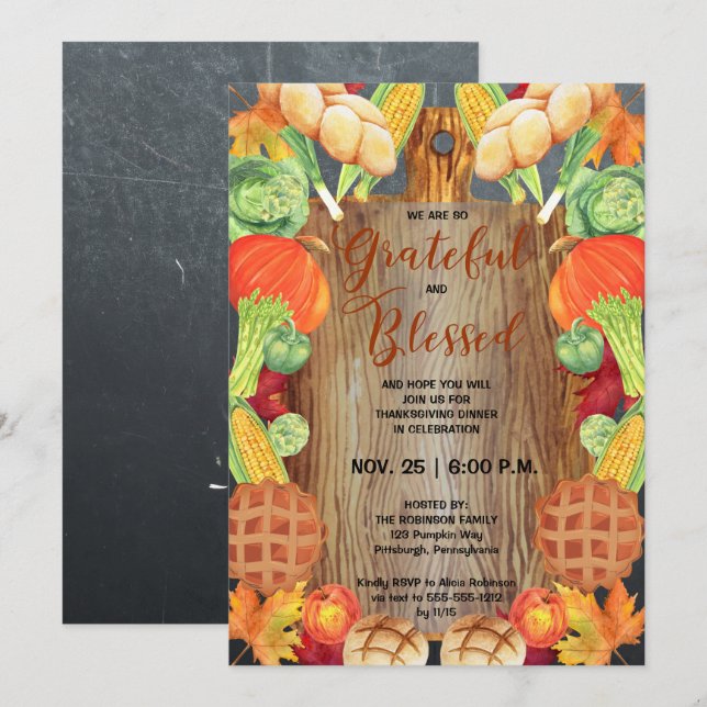 Thanksgiving Dinner-Harvest Grateful Blessed Invitation (Front/Back)