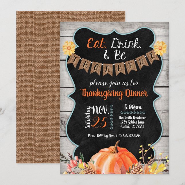Thanksgiving Dinner Invitation Burlap Chalkboard (Front/Back)