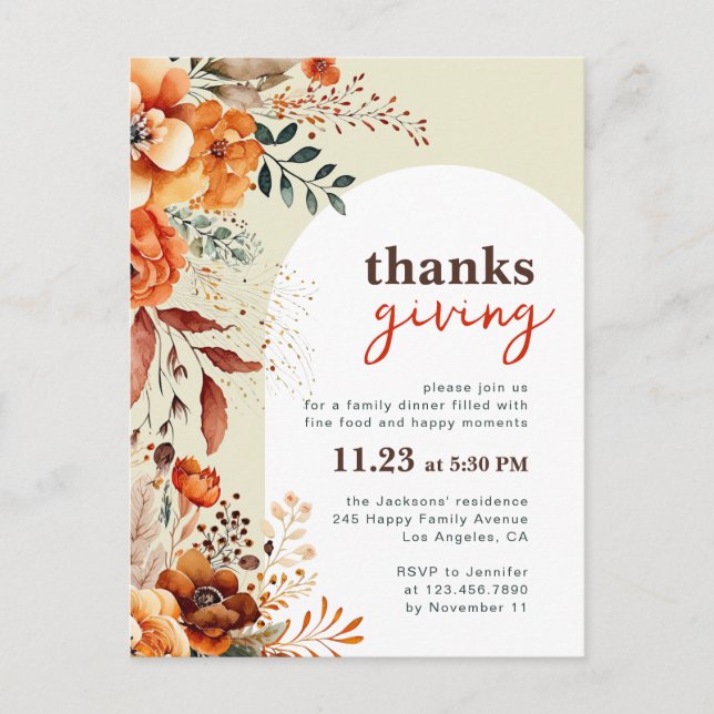 Thanksgiving dinner invitation floral white arch postcard (Front)