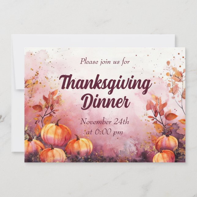 Thanksgiving Dinner Invitation Watercolor Pumpkin (Front)