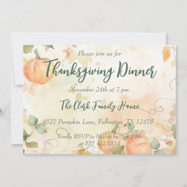 Thanksgiving Dinner Invitation Watercolor Pumpkin (Front)