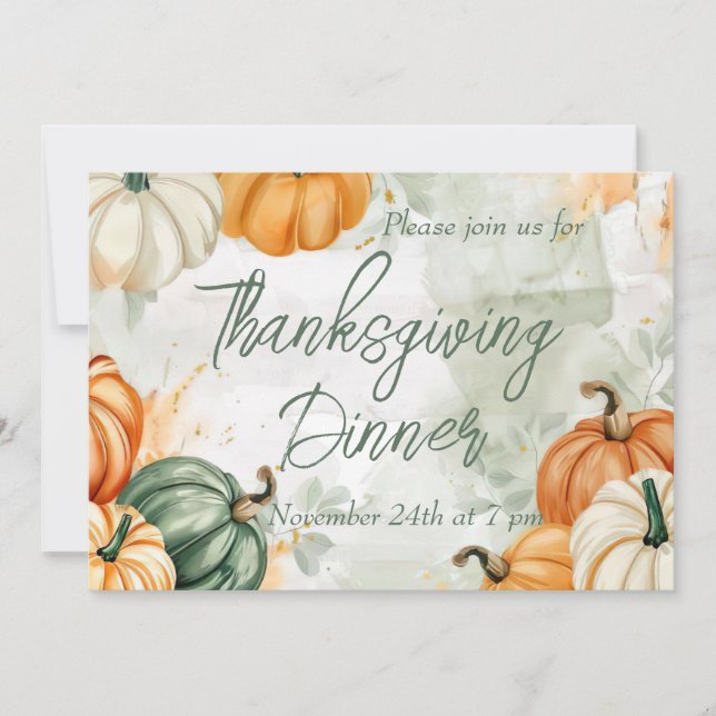Thanksgiving Dinner Invitation Watercolor Pumpkin (Front)