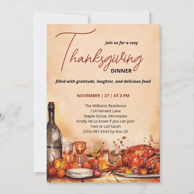 Thanksgiving Dinner invitation with Autumn Feast  (Front)
