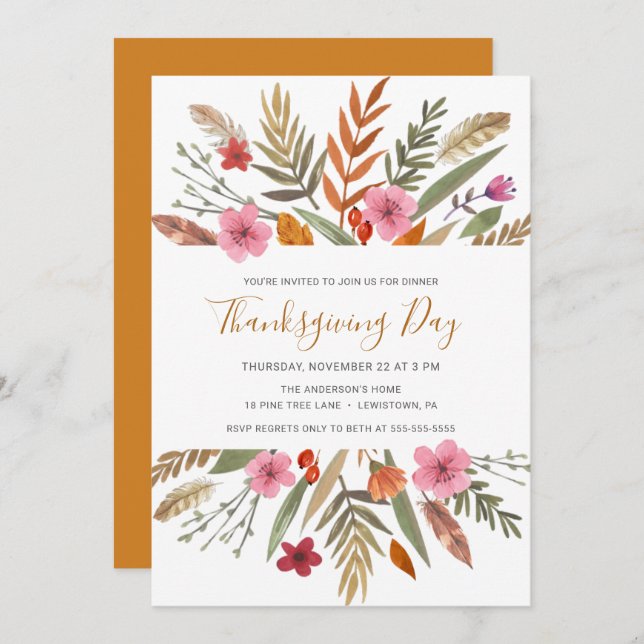 THANKSGIVING DINNER INVITE WATERCOLOR FALL FOLIAGE (Front/Back)