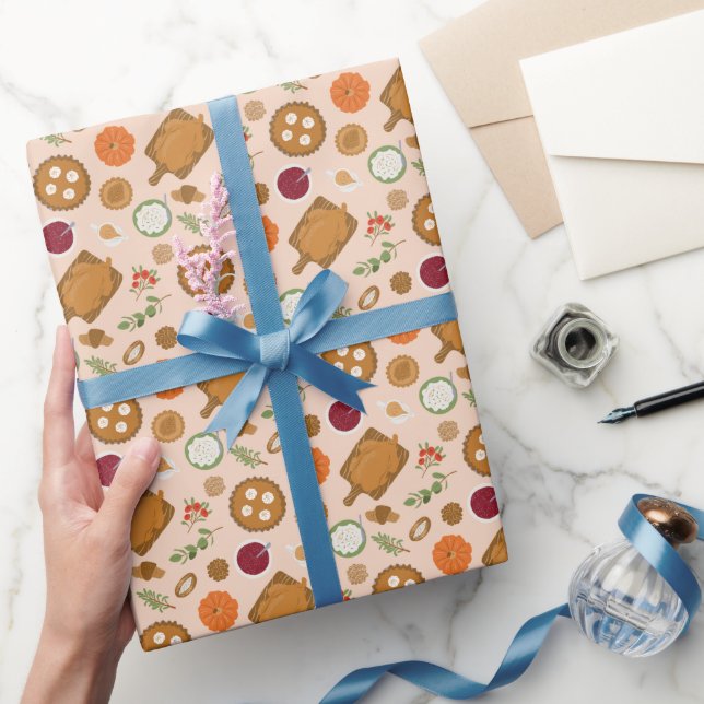 Thanksgiving Dinner Meal Pattern Pink Wrapping Paper (Gifting)