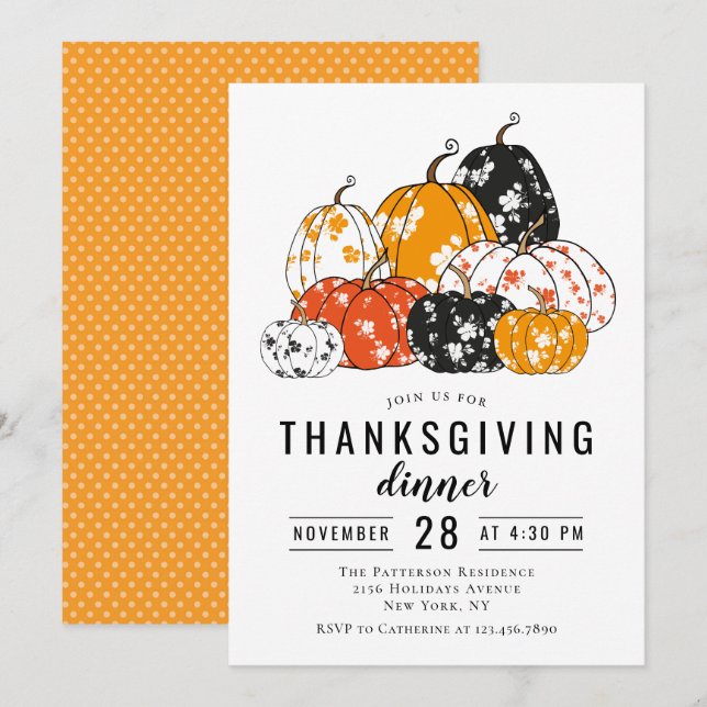Thanksgiving Dinner Modern Floral Pumpkins Invitation (Front/Back)