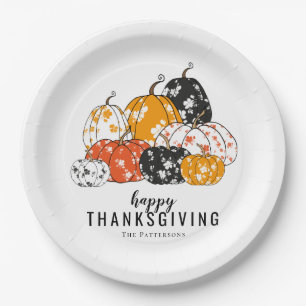 Thanksgiving Dinner Modern Floral Pumpkins Paper Plate