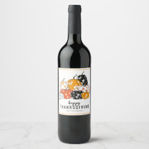 Thanksgiving Dinner Modern Floral Pumpkins Wine Label