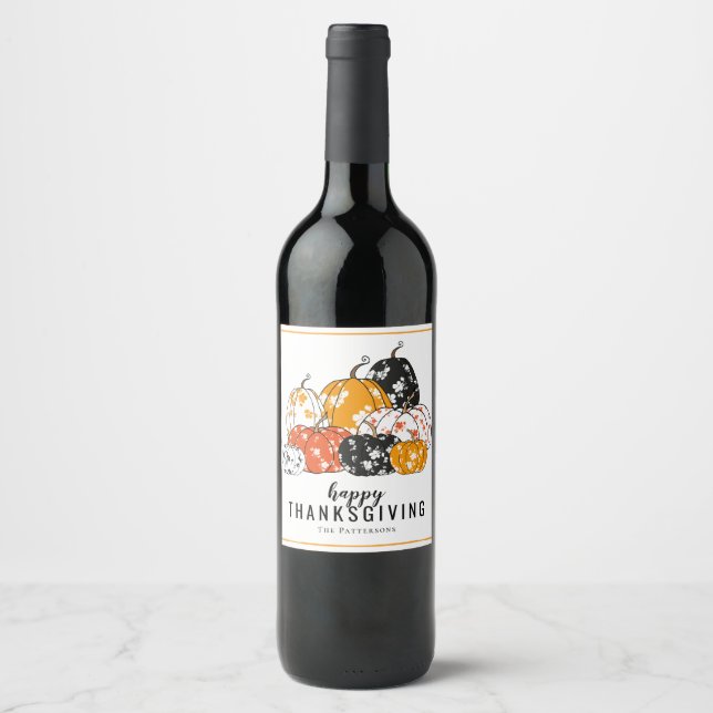 Thanksgiving Dinner Modern Floral Pumpkins Wine Label (Front)