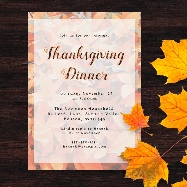 Thanksgiving Dinner Orange Autumn Leaves Invitation (An invitation to a Thanksgiving Dinner, with orange leaves design, script typography and custom text)