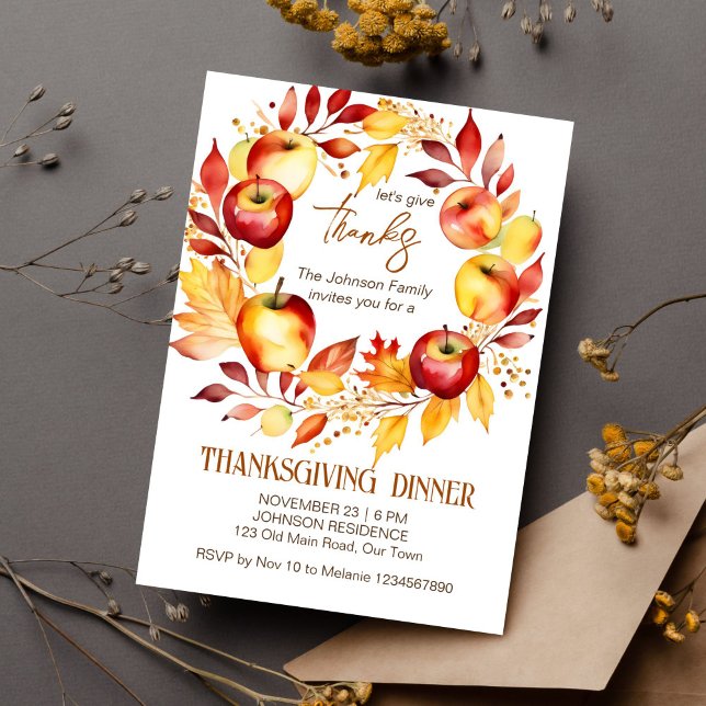 Thanksgiving dinner party apple wreath template (Thanksgiving dinner party editable template invitation digital download apple fall leaves wreath )