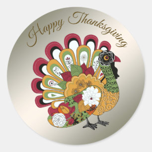 Thanksgiving Dinner Party Colorful Floral Turkey Classic Round Sticker