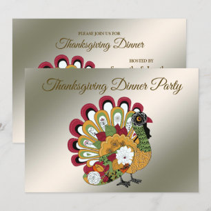 Thanksgiving Dinner Party Colorful Floral Turkey Invitation
