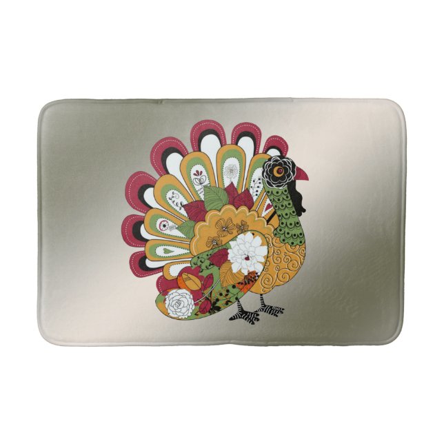 Thanksgiving Dinner Party Colourful Floral Turkey Bath Mat (Front)