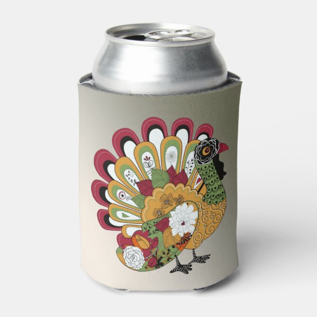 Thanksgiving Dinner Party Colourful Floral Turkey Can Cooler (Can Front)