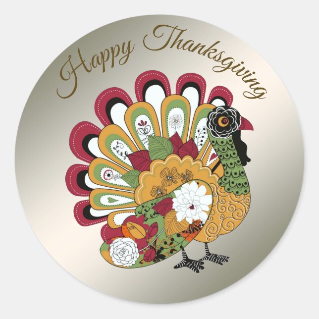 Thanksgiving Dinner Party Colourful Floral Turkey Classic Round Sticker (Front)