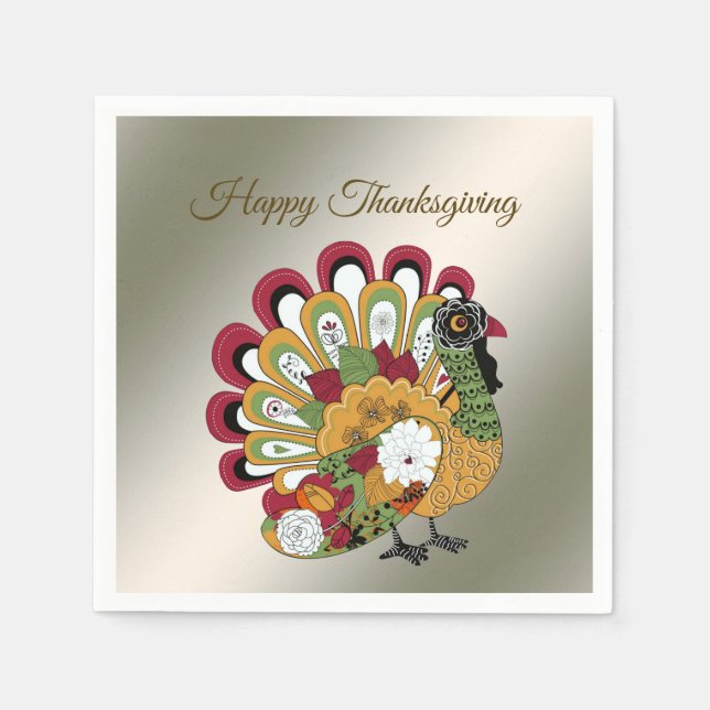 Thanksgiving Dinner Party Colourful Floral Turkey Napkin (Front)