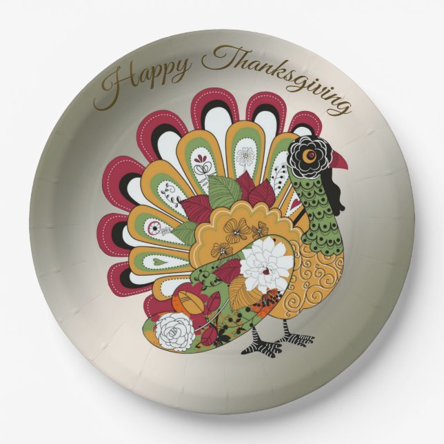 Thanksgiving Dinner Party Colourful Floral Turkey Paper Plate (Front)