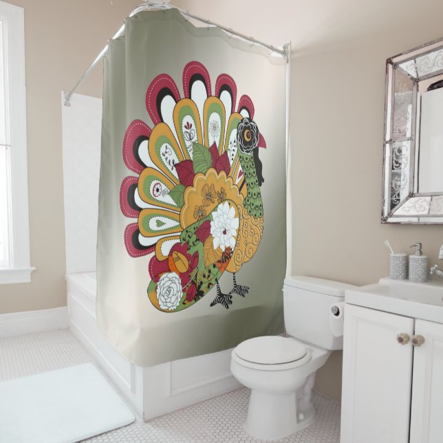 Thanksgiving Dinner Party Colourful Floral Turkey Shower Curtain (In Situ)