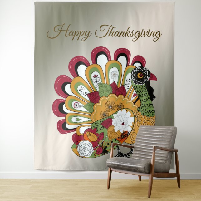 Thanksgiving Dinner Party Colourful Floral Turkey Tapestry (In Situ)