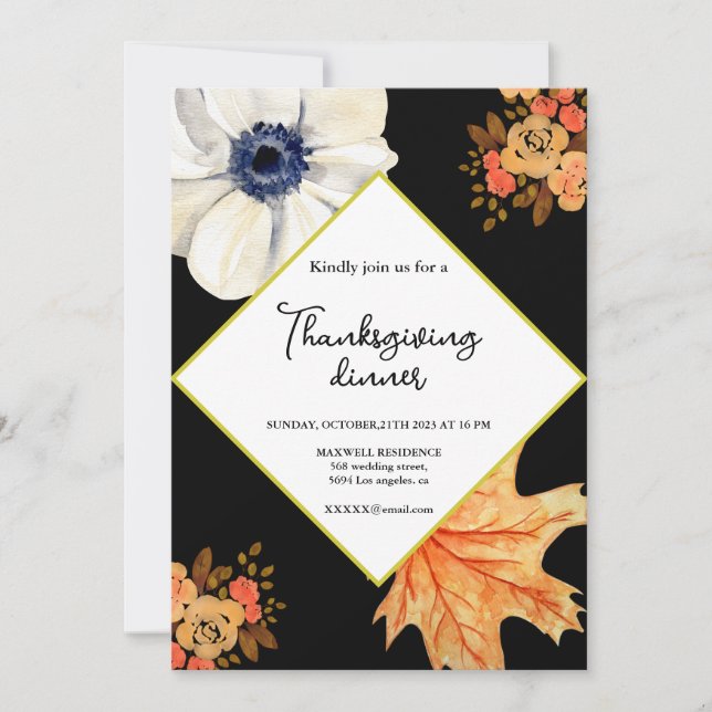 Thanksgiving Dinner Party Elegant Fall Floral Invitation (Front)