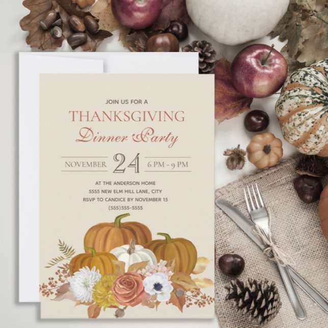 Thanksgiving Dinner Party Elegant Rustic Invitation (Rustic Thanksgiving Dinner invitation with orange and white pumpkins and fall floral.)